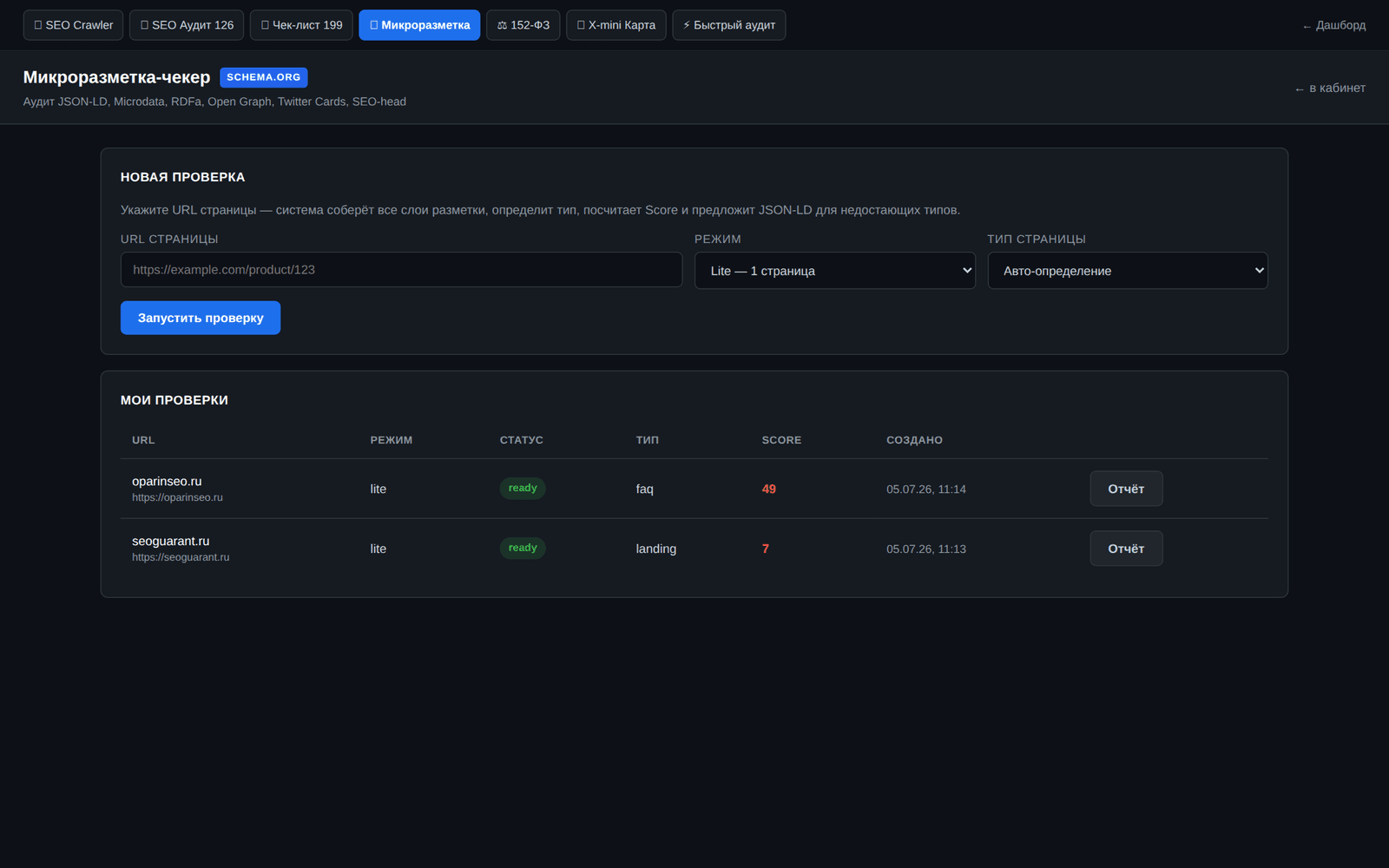 Интерфейс инструмента «Чекер микроразметки»