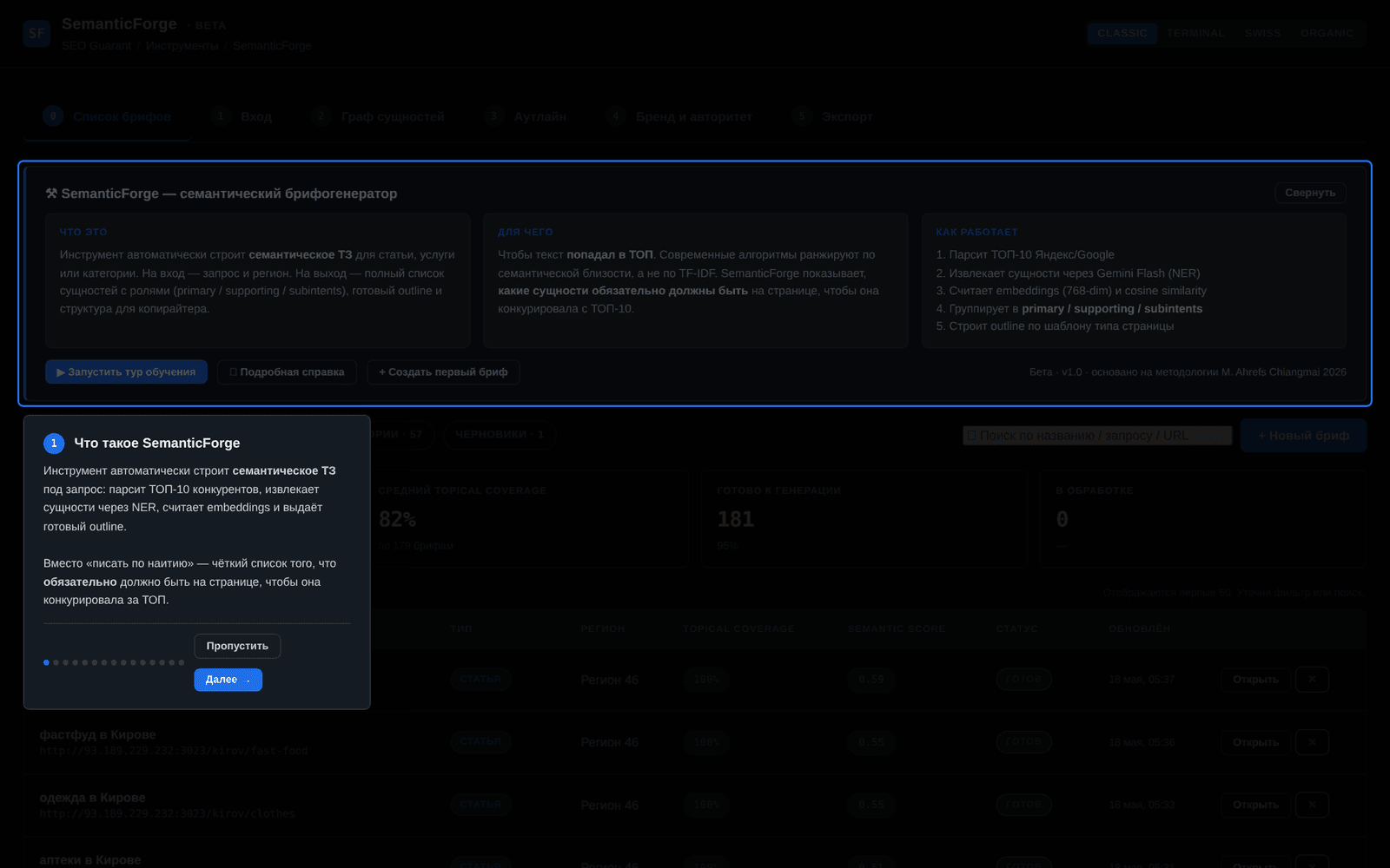 Интерфейс инструмента «SemanticForge»